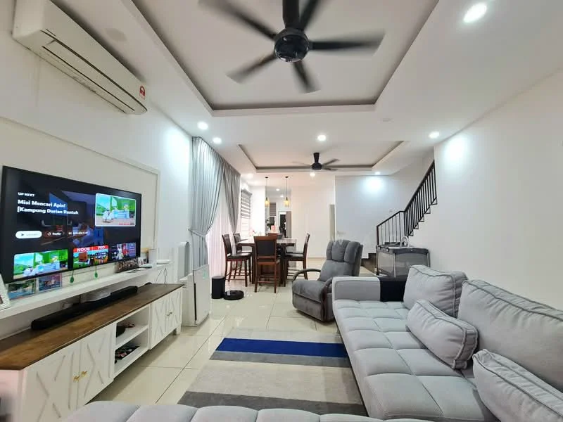 Living features: 5-blade ceiling fan with light, wall-mounted TV, white painted walls, cream tiled flooring, recessed downlights, grey fabric sectional sofa, coffee table, area rug with geometric pattern, decorative wall clock, curtains, open-plan layout to dining area; style: modern. Dining features: wood dining table, upholstered dining chairs, light fixture above dining table; style: modern.