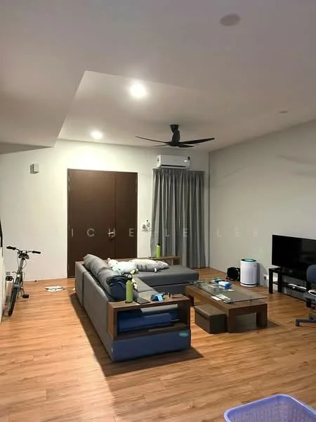 Living features: 3-seater fabric sofa in grey, wooden coffee table, TV console, wall-mounted TV, ceiling fan, 1 wall-mounted split AC, laminate flooring, grey curtains, decorative wall panel, bicycle, area rug, decorative items on table; style: modern.