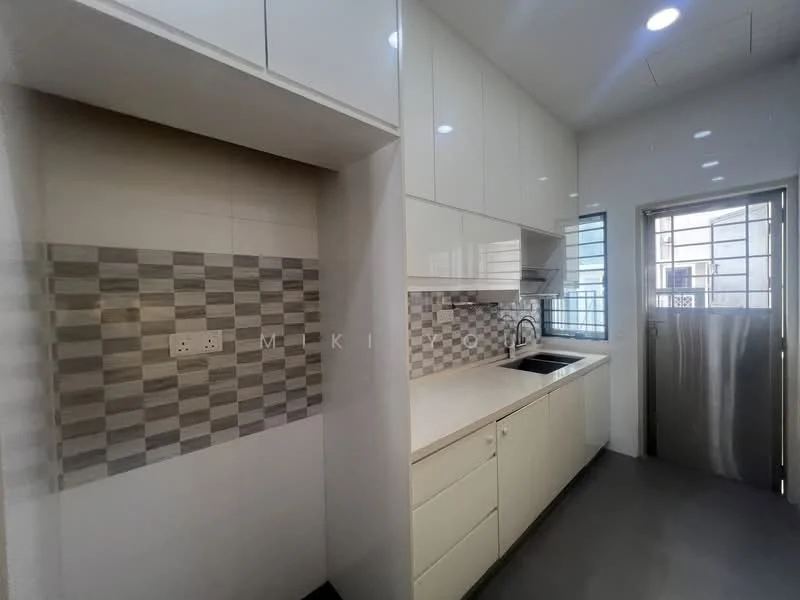 Kitchen features: white cabinetry, grey and white mosaic tile backsplash, single-bowl stainless-steel sink, chrome pull-down faucet, countertop with smooth surface, built-in oven, stainless-steel fridge, window with grid pattern, grey vinyl flooring, recessed downlights; style: modern.