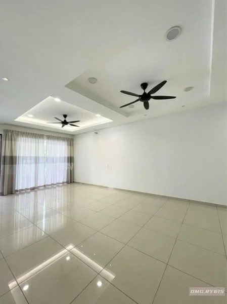 Living features: white painted walls, glossy ceramic tile flooring, tray ceiling with recessed lighting, 2 ceiling fans, floor-to-ceiling windows with sheer curtains, natural light, neutral color scheme; style: modern.