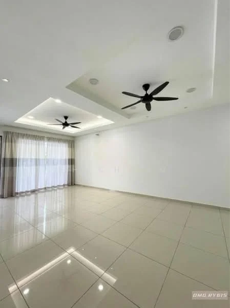 Living features: white painted walls, polished ceramic tile flooring, tray ceiling with recessed lighting, 2 ceiling fans, floor-to-ceiling windows with sheer curtains, natural light from windows, neutral color palette; style: modern.
