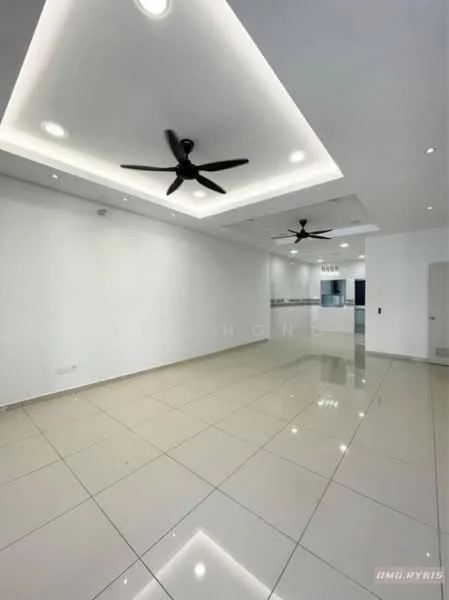 Living features: white painted walls, glossy ceramic tile flooring, tray ceiling with recessed lighting, 2 ceiling fans, open layout, large windows, neutral color scheme, no visible furniture; style: modern.