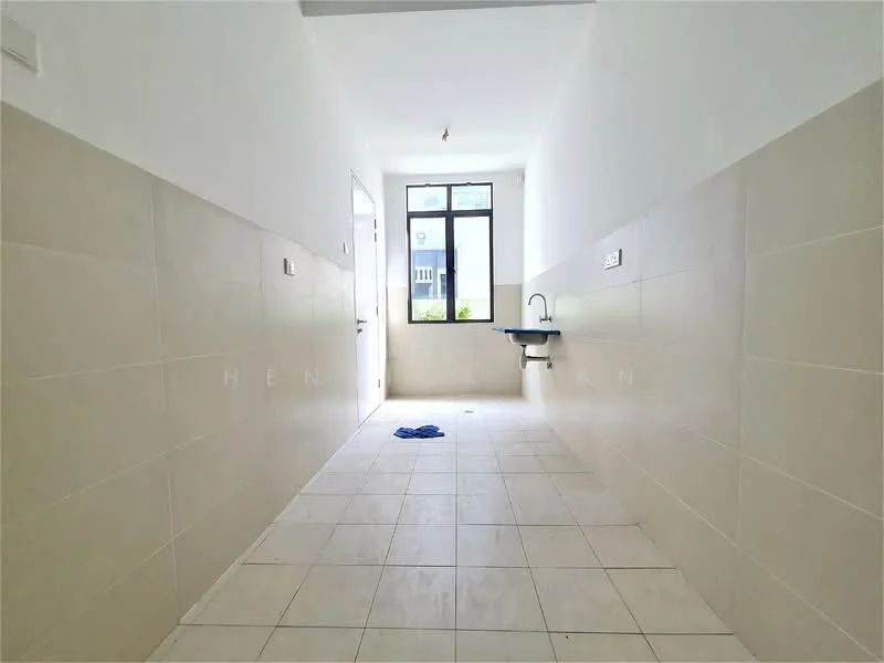 Room features: white painted walls, light grey tiled flooring, single window with black frame, sink with wall-mounted faucet, ceiling light fixture, no visible furniture, clean and minimalistic layout, blue cloth on the floor; style: minimalist.