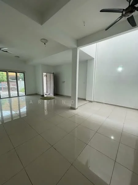 Living features: white painted walls, polished ceramic tile flooring, 2 ceiling fans, large windows with horizontal blinds, open layout, high ceiling, natural light, door leading to outdoor area; style: modern.