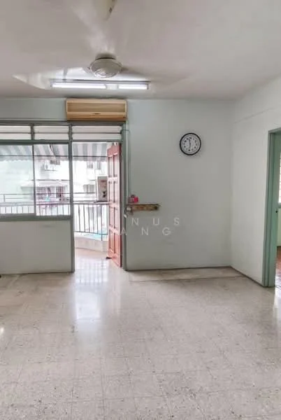 Room features: white painted walls, ceiling fan, tile flooring, clock on wall, window with sheer curtains, door leading to balcony, air conditioning unit, light fixture on ceiling.