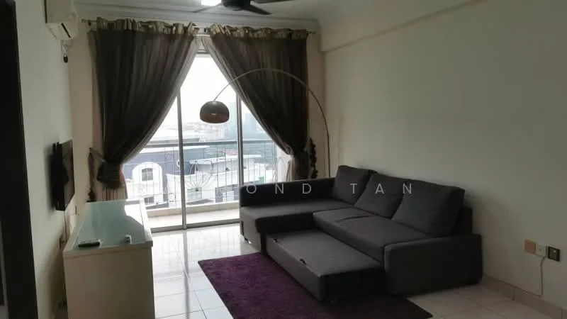 Living features: L-shape sectional sofa in grey, coffee table, floor-to-ceiling windows, sheer curtains, blackout curtains, ceiling fan, wall-mounted TV, white painted walls, tile flooring, area rug in purple; style: modern; view: city.