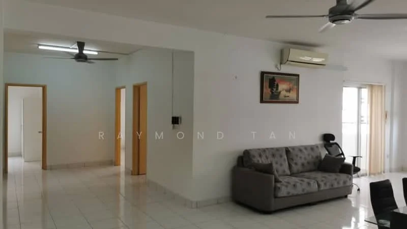 Living features: white painted walls, glossy tile flooring, 5-blade ceiling fan, sofa in grey fabric, coffee table, wall-mounted air conditioning unit, large window with sheer curtains, decorative artwork on wall; style: modern. Room features: white painted walls, glossy tile flooring, doorway leading to other rooms.