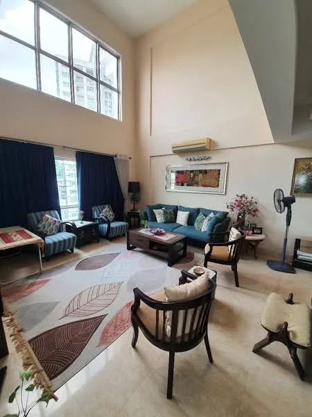 Living features: large floor-to-ceiling windows, blue fabric sofas, wooden coffee table, area rug with geometric pattern, decorative cushions, wall-mounted air conditioning unit, framed artwork on wall, potted plants, wooden side tables, ceiling fan, curtains, light-colored walls, marble flooring; style: contemporary; view: city.