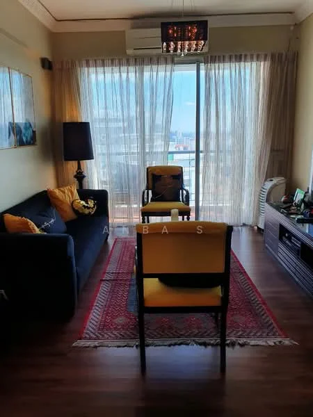 Living features: 3-seater fabric sofa in black, yellow accent cushions, wooden coffee table, area rug with geometric pattern, floor-to-ceiling windows with sheer curtains, chandelier with multiple bulbs, wall-mounted TV, TV console with storage, 1 armchair in yellow, air conditioning unit on wall, decorative wall art; style: modern; view: city.