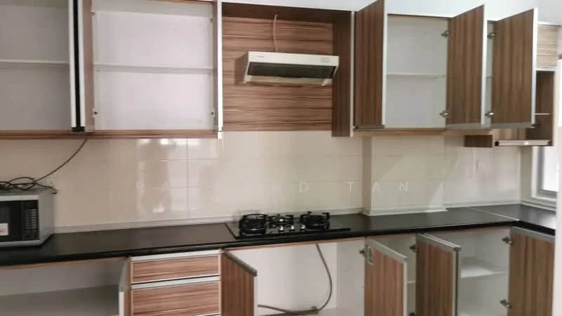 Kitchen features: brown wooden cabinetry, black countertop, stainless-steel range hood, 2-burner gas hob, microwave, white tiled backsplash, open shelving, under-cabinet lighting; style: modern.