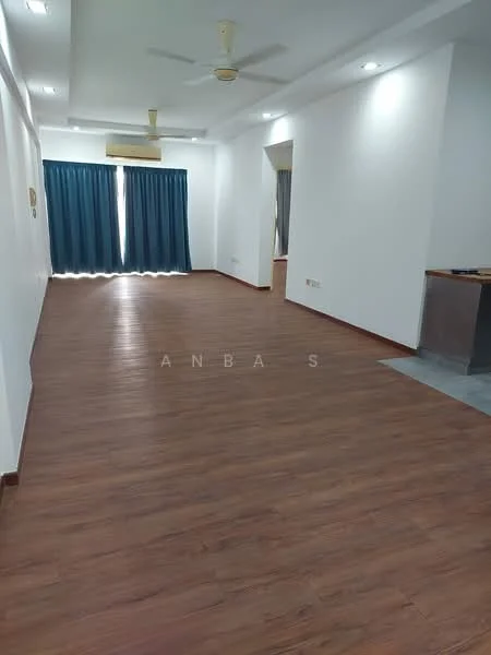 Living features: wooden flooring, white painted walls, ceiling fan, floor-to-ceiling windows with blue curtains, recessed lighting, open layout, natural light, neutral color scheme; style: modern.