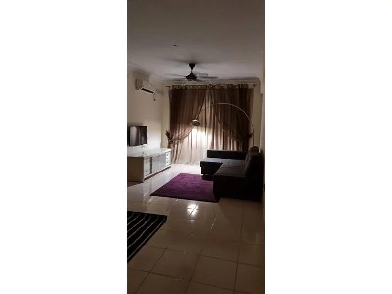 Living features: 3-seater fabric sofa in dark grey, floor lamp with arc design, TV console with storage, wall-mounted TV, area rug in purple, ceiling fan, air conditioning unit, curtains in brown, tiled flooring in cream, decorative wall art; style: modern.