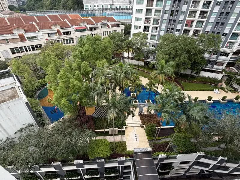 Exterior type: high-rise condominium; features: landscape garden, swimming pool, children's playground, manicured lawn, mature trees, pool deck with loungers, tropical landscaping; style: modern.