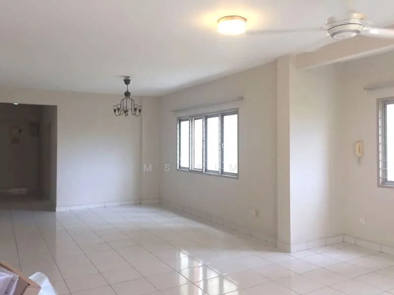 Living features: white painted walls, glossy white tile flooring, 5-blade ceiling fan with light, chandelier, floor-to-ceiling windows, window treatments, neutral decor, open layout; style: modern. Room features: white painted walls, glossy white tile flooring, floor-to-ceiling windows.