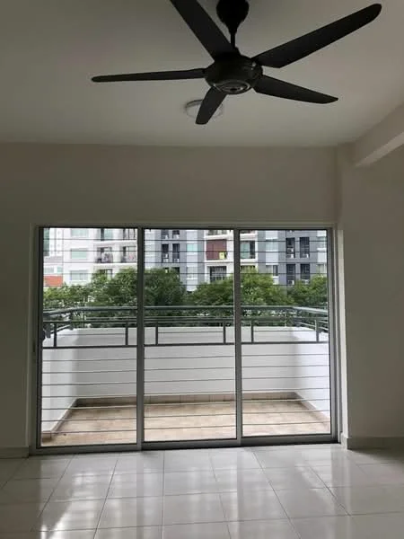 Room features: floor-to-ceiling sliding glass doors, white walls, ceiling fan, neutral tile flooring, balcony view, natural light from large windows; style: modern; view: garden.