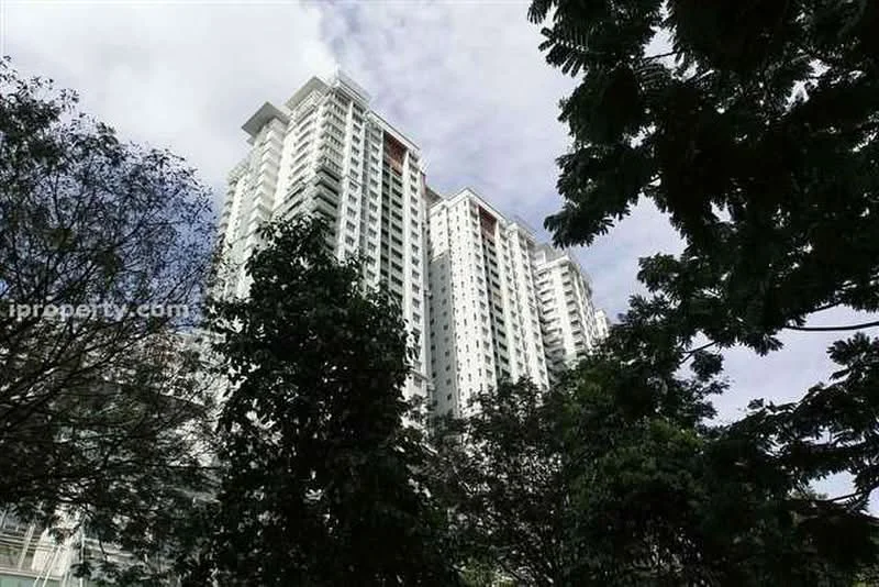 Exterior type: high-rise condominium; features: glass curtain wall, white painted facade, recessed balconies, approximately 20-storey high-rise, surrounded by mature greenery; style: modern.