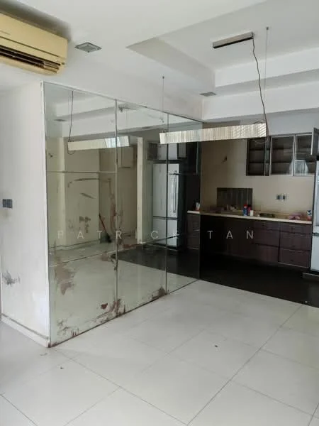 Kitchen features: white tiled flooring, mirror wall, ceiling with recessed lighting, kitchen cabinets in dark wood, stainless-steel fridge, countertop with space for appliances, open layout, wall-mounted air conditioning unit; style: modern.