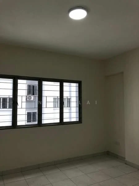 Room features: white painted walls, tile flooring, ceiling light fixture, sliding windows with metal frames, air conditioning unit visible, corner wall with no features.