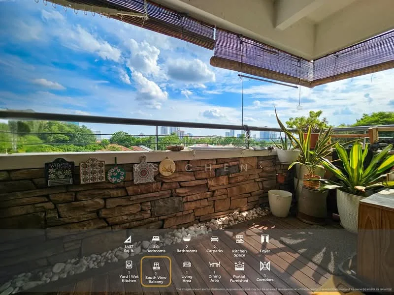Balcony features: stone feature wall, glass railing, outdoor plants, decorative wall hangings, pebbled flooring, overhead bamboo blinds, city skyline view, sunny exposure; style: modern; view: city.
