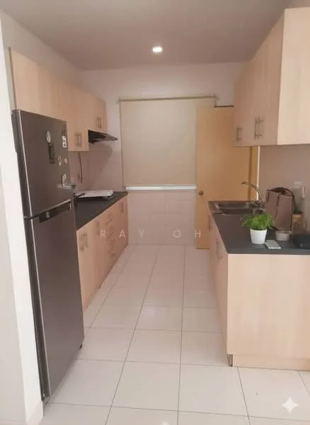 Kitchen features: light wood cabinetry, black countertop, stainless-steel fridge, built-in oven, stainless-steel sink, chrome pull-down faucet, ceramic tile flooring, white walls, window with roller blinds, exhaust hood, wall-mounted shelving; style: modern.