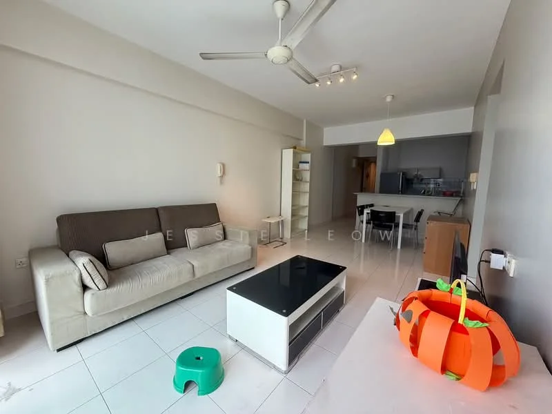 Living features: 3-seater fabric sofa in beige, coffee table with black top, white tiled flooring, ceiling fan with light, recessed downlights, wall-mounted intercom, open layout to kitchen, decorative orange basket, green stool, dining table visible in background; style: modern.