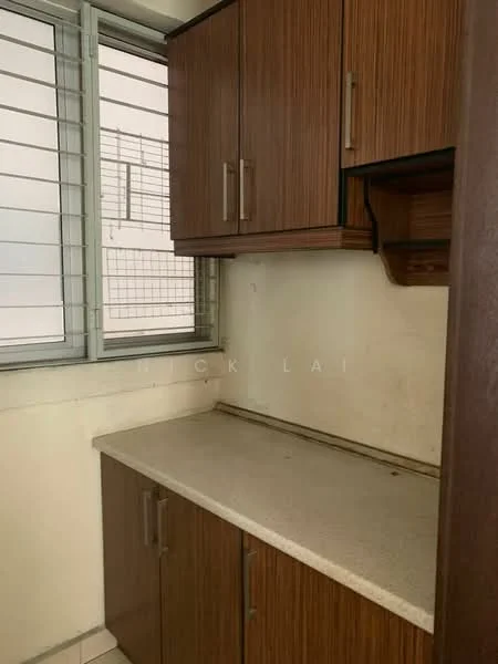 Kitchen features: laminate cabinetry in brown, white countertop, single-bowl stainless-steel sink, window with metal grilles, wall-mounted shelves, light-colored wall, tile flooring; style: modern.