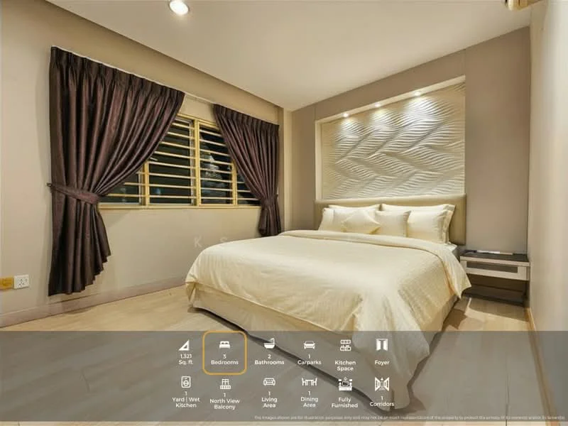 Bedroom features: queen-size bed with beige bedding, upholstered headboard, nightstand with drawer, wall-mounted light fixtures, textured feature wall, wooden flooring, floor-to-ceiling windows with wooden blinds, curtains in dark brown, decorative wall paneling, built-in wardrobe; style: modern.