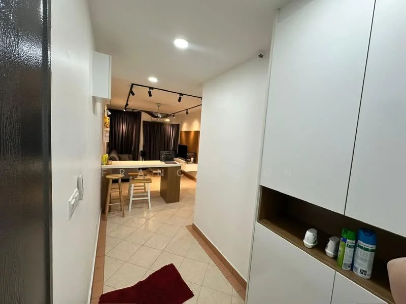 Room features: white painted walls, tile flooring, recessed downlights, open-plan layout, kitchen island, bar stools, dining area, living area with sofa, curtains, red area rug; style: modern.