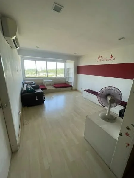Living features: light wood flooring, white painted walls, red accent wall, floor-to-ceiling windows, window seating area, built-in shelving unit, sofa in dark color, ceiling-mounted air conditioning unit, table fan; style: modern; view: garden.