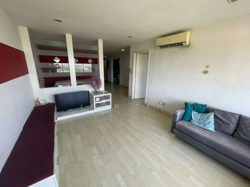 Living features: light wood laminate flooring, white painted walls, red accent wall, sofa in grey, TV console, wall-mounted TV, ceiling-mounted air conditioning unit, decorative wall paneling, area rug, throw pillows in teal, open layout, large windows, natural light; style: modern; view: city.