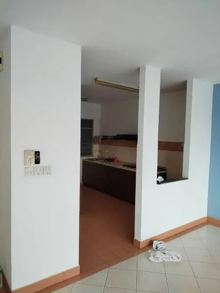 Kitchen features: white painted walls, tile flooring, kitchen countertop, kitchen cabinets, stainless-steel sink, built-in oven, stove, exposed ceiling lights; style: modern. Room features: white painted walls, tile flooring, open layout, partition wall.