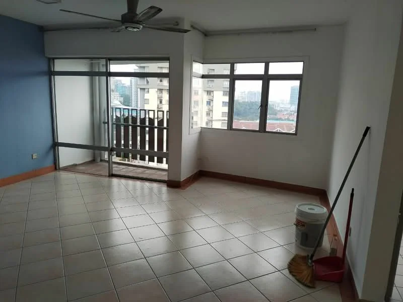 Living features: light beige tiled flooring, white painted walls, blue accent wall, floor-to-ceiling windows, sliding glass door, ceiling fan, balcony with wooden railing, city view; style: modern; view: city.