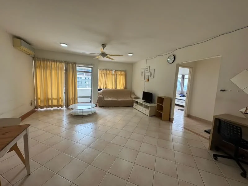 Living features: cream painted walls, tile flooring, 5-blade ceiling fan with light, floor-to-ceiling windows, sheer curtains, coffee table, sofa bed, TV console, wall-mounted TV, area rug, desk with chair; style: modern; view: city.