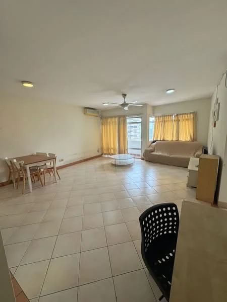 Living features: cream painted walls, tile flooring, 5-blade ceiling fan with light, floor-to-ceiling windows, sheer curtains, sofa bed in beige, glass coffee table, dining table with four chairs, air conditioning unit, decorative wall art, open layout; style: modern.