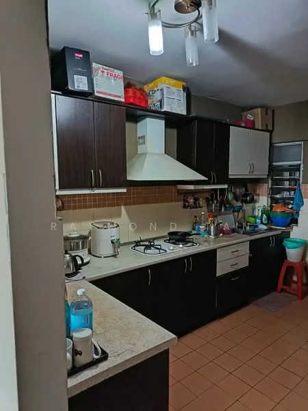 Kitchen features: dark wood cabinetry, cream countertop, stainless-steel sink, chrome pull-down faucet, 4-burner gas hob, built-in oven, microwave, refrigerator, tile backsplash, ceramic tile flooring, ceiling light fixture, open shelving, kitchen utensils visible, storage boxes on top of cabinets; style: modern.