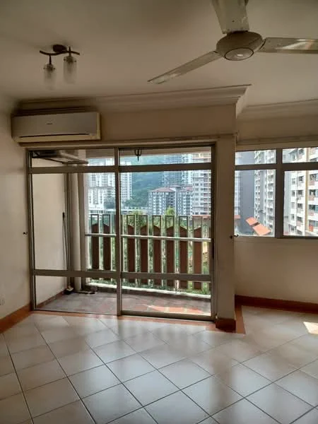 Living features: floor-to-ceiling windows, sliding glass door, balcony with railing, cream painted walls, white ceiling with recessed downlights, 5-blade ceiling fan, wall-mounted split AC, ceramic tile flooring, view of surrounding buildings and greenery; style: modern; view: city.