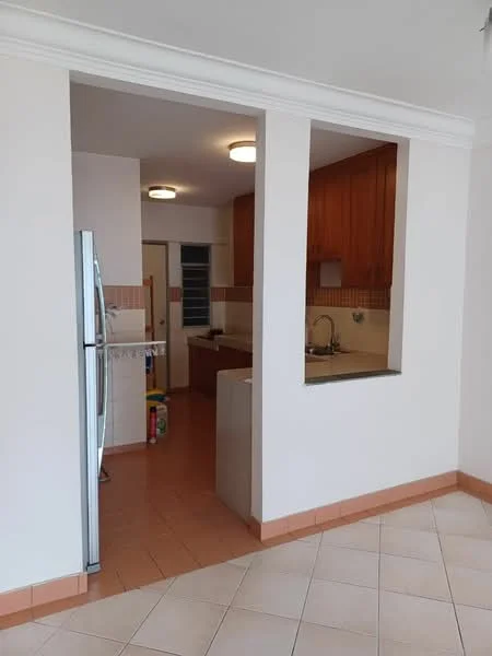 Kitchen features: white painted walls, tile flooring, wood cabinetry, stainless-steel fridge, single-bowl stainless-steel sink, chrome pull-down faucet, countertop with backsplash, recessed ceiling lights; style: modern.