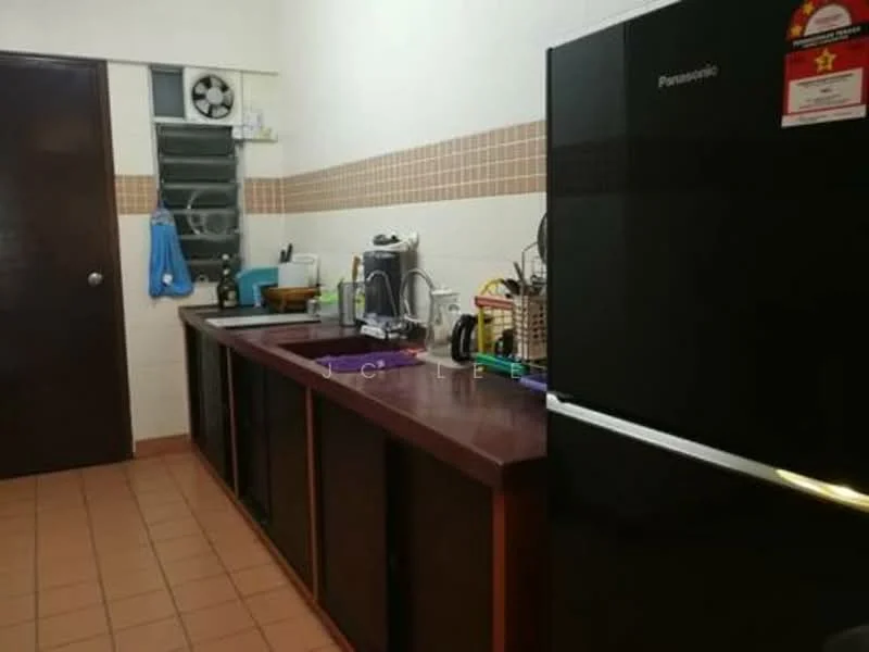 Kitchen features: dark wood cabinetry, black refrigerator, stainless-steel sink, countertop with purple surface, built-in kitchen appliances, tile backsplash, ceramic tile flooring, window with ventilation fan, kitchen utensils on countertop, open shelving, wall-mounted towel rack.