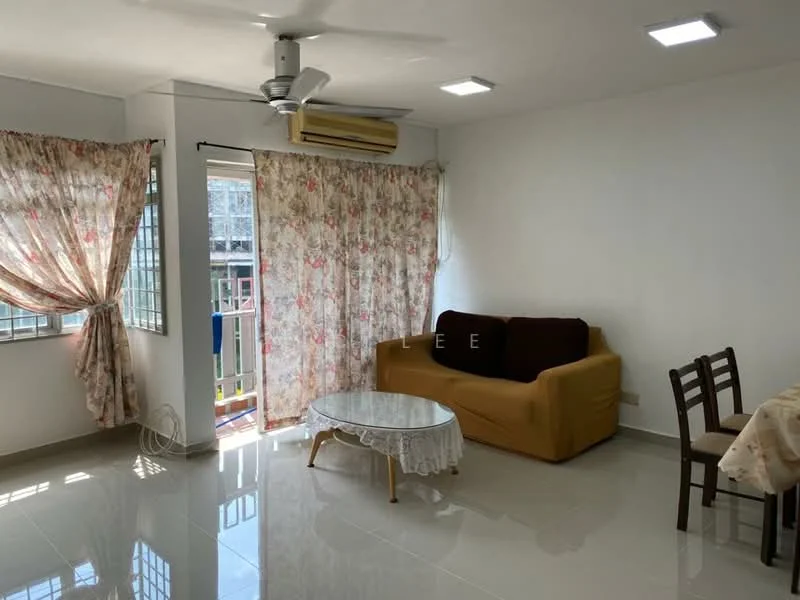Living features: 3-seater fabric sofa in beige, 2-seater fabric sofa in brown, glass coffee table with lace cover, floor-to-ceiling windows, sheer curtains with floral pattern, white painted walls, polished tile flooring, ceiling fan with light, wall-mounted air conditioning unit, dining table with chairs; style: modern.