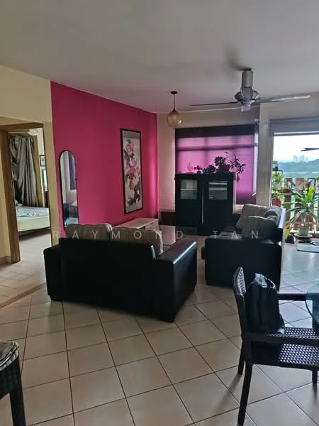 Living features: black leather sofa, 3-seater sofa, 2-seater sofa, pink accent wall, cream painted walls, ceiling fan, large window with blinds, decorative plants, dining table with chairs, mirror on wall, tile flooring; style: contemporary; view: city. Room features: bedroom visible through doorway, curtains in bedroom.