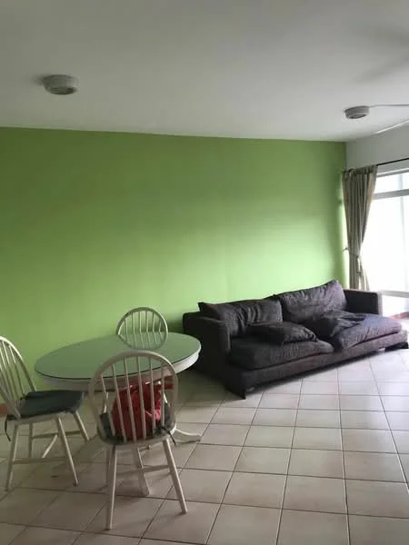 Living features: green painted walls, tile flooring, sofa in dark grey fabric, round dining table, 4 white dining chairs, floor-to-ceiling windows, curtains, ceiling lights; style: modern.