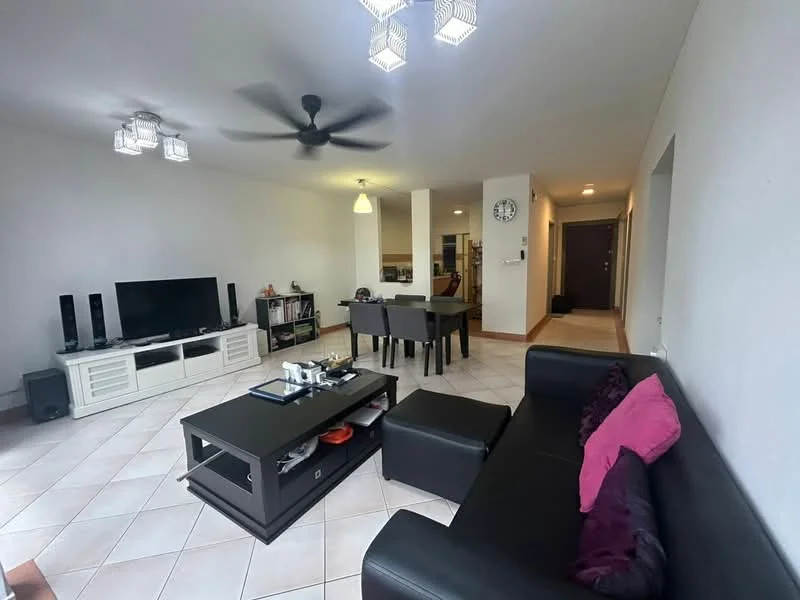 Living features: black leather sofa, pink throw pillows, black coffee table, white TV console, wall-mounted TV, 5-blade ceiling fan, recessed ceiling lights, tile flooring, decorative wall clock, open layout to dining area; style: modern. Dining features: 4-seater dining table, black dining chairs, open layout to living area; style: modern.