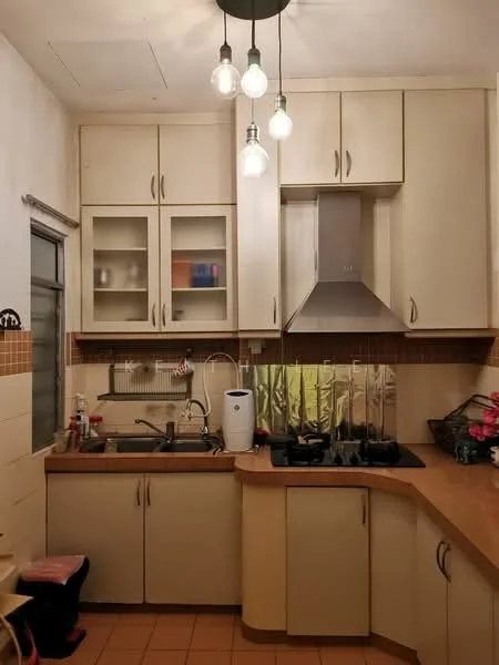 Kitchen features: cream cabinetry with glass-front upper cabinets, wooden countertop, stainless-steel sink, chrome pull-down faucet, built-in stainless-steel range hood, 4-burner gas hob, tile backsplash, hanging pendant lights, tile flooring, window with metal grille, kitchen utensils and appliances visible; style: modern.