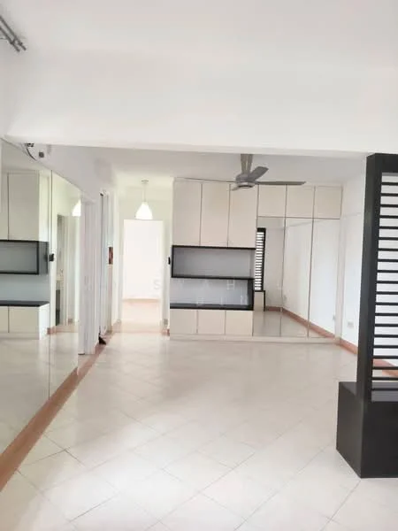 Living features: white painted walls, cream tiled flooring, 5-blade ceiling fan, wall-mounted TV, built-in cabinetry, mirror wall, recessed lighting, sliding windows, open layout; style: modern.