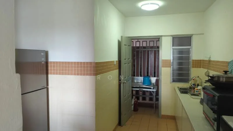 Kitchen features: white painted walls, orange tiled backsplash, light brown tiled flooring, single-bowl stainless-steel sink, stainless-steel fridge, built-in countertop with storage, window with metal grille, door leading to another room, table with chairs.