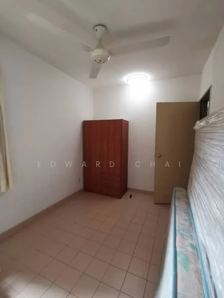 Room features: white painted walls, tile flooring, ceiling fan, built-in wardrobe, single door, window with curtain, mattress on bed frame, light fixture.