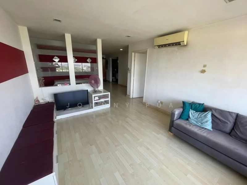 Living features: light wood laminate flooring, white painted walls, red accent wall, sofa in grey fabric, coffee table, TV console, wall-mounted TV, 1 wall-mounted split AC, decorative cushions in teal, open shelving unit, floor-to-ceiling windows, natural light; style: modern; view: city.