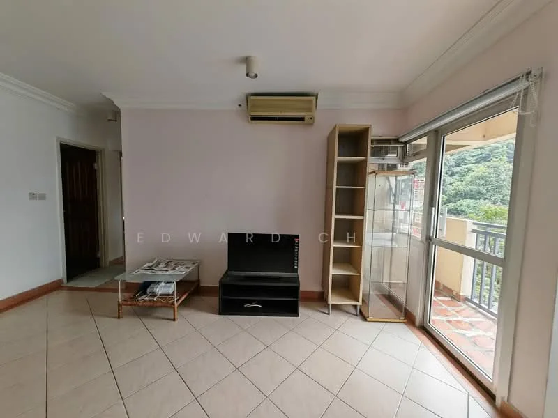 Living features: cream painted walls, tile flooring, 5-blade ceiling fan, wall-mounted split AC, sliding glass door, floor-to-ceiling windows, TV console, black television, glass display cabinet, coffee table; style: modern; view: garden.