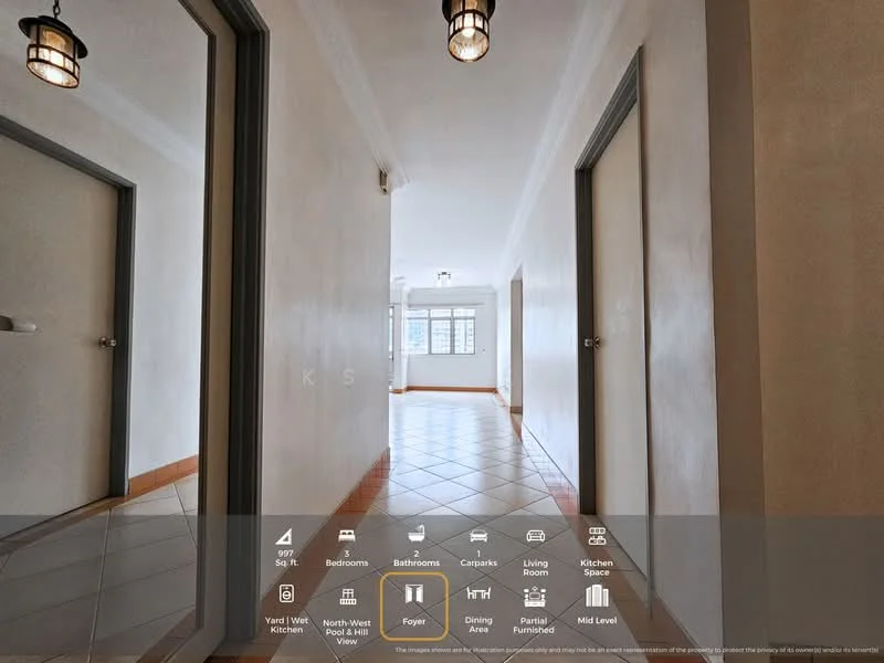 Hallway features: white painted walls, tile flooring, 2-panel doors, ceiling light fixture, mirror on one side, window at the end of the hallway, baseboards, neutral color scheme; style: modern.
