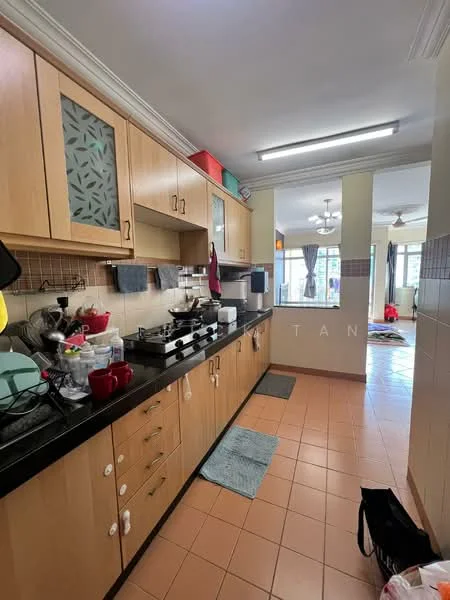 Kitchen features: wood cabinetry with glass inserts, black granite countertop, stainless-steel gas stove, stainless-steel range hood, double-bowl stainless-steel sink, wall-mounted cabinets, tile backsplash, ceramic tile flooring, recessed ceiling lights, window with sheer curtains, kitchen towels hanging, various kitchen appliances visible, open layout to living area; style: modern.